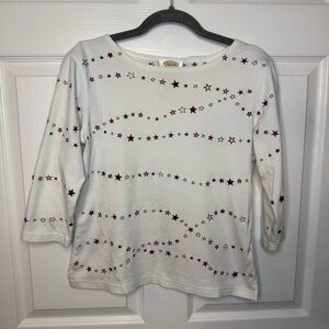 Talbots White 3/4 Sleeve White Shirt with Blue and Red Embroidered Beaded Stars
